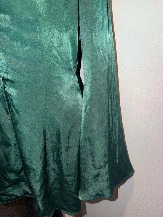 L'Academie Emerald Satin V-Neck Button Mini Dress - Picture 6 of 9